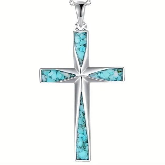 925 Silver Necklace w/ Turquoise Cross Western Christmas Birthday Anniversary - Picture 1 of 6